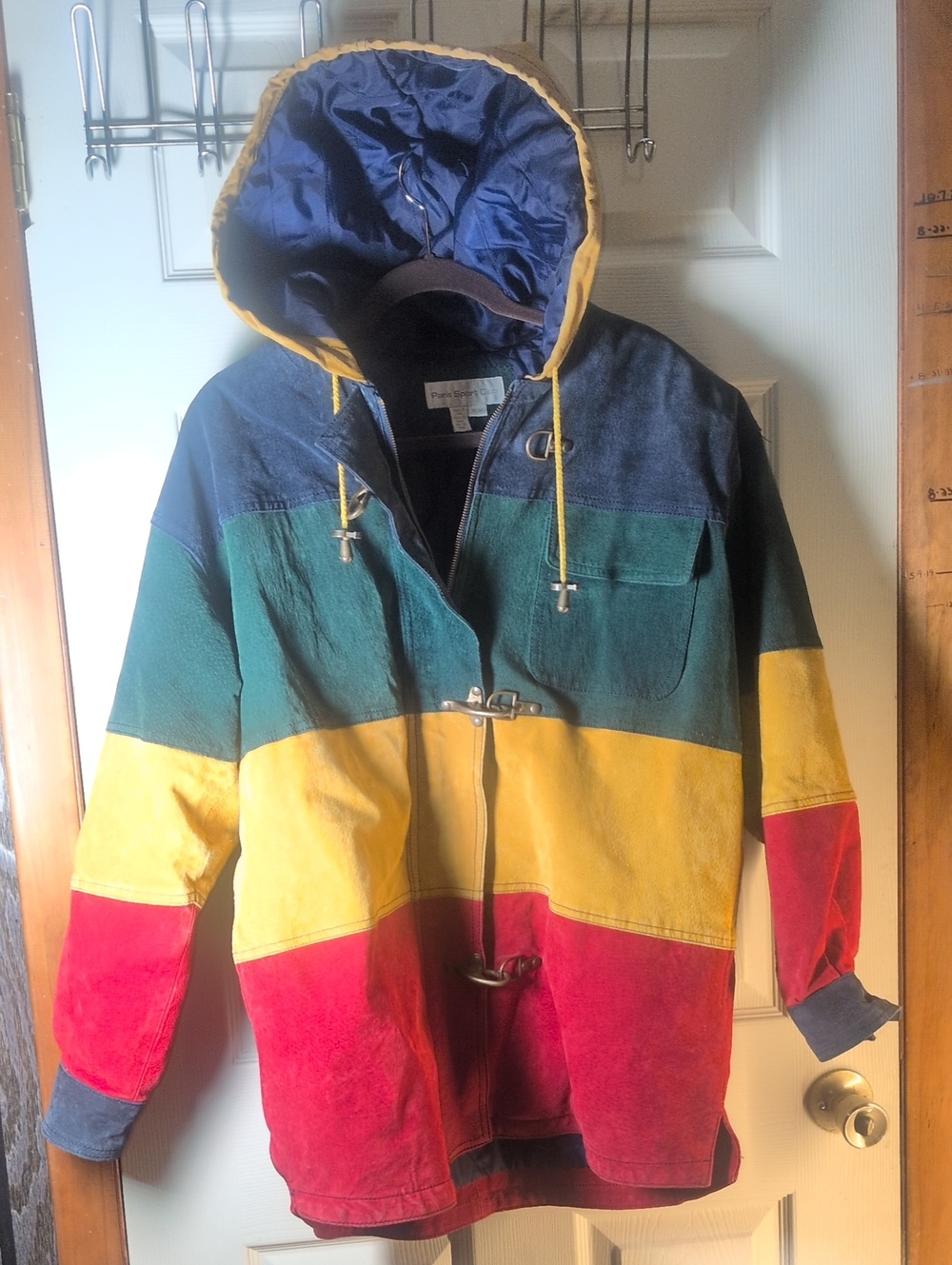 Vintage 90s Paris Club Colorblock Hooded LeatherJacket in Navy/Green/Yellow/Red